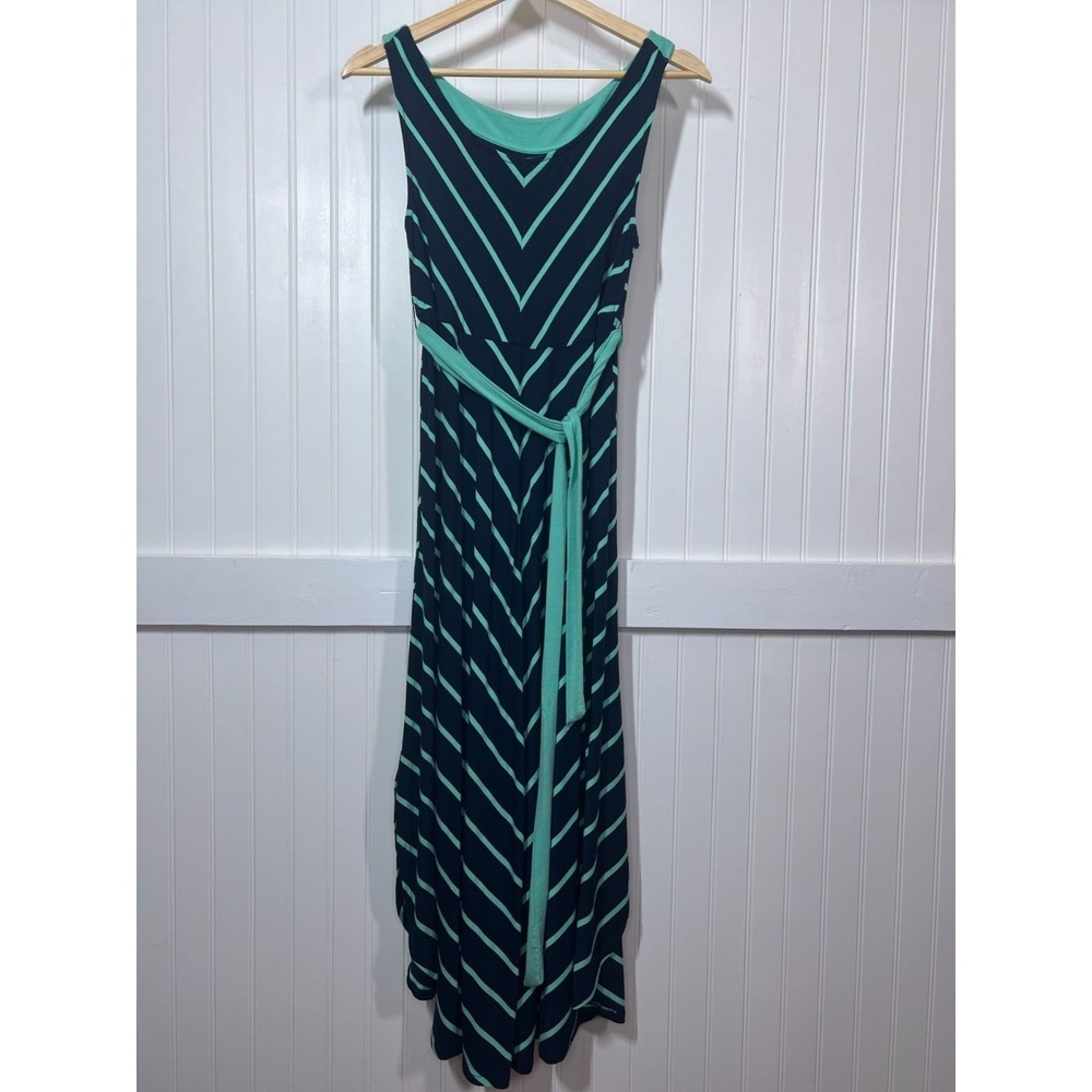 Liz Lange Maternity Dress Twee Cute Blue Stripe Chevron Print Sleeveless Belted
